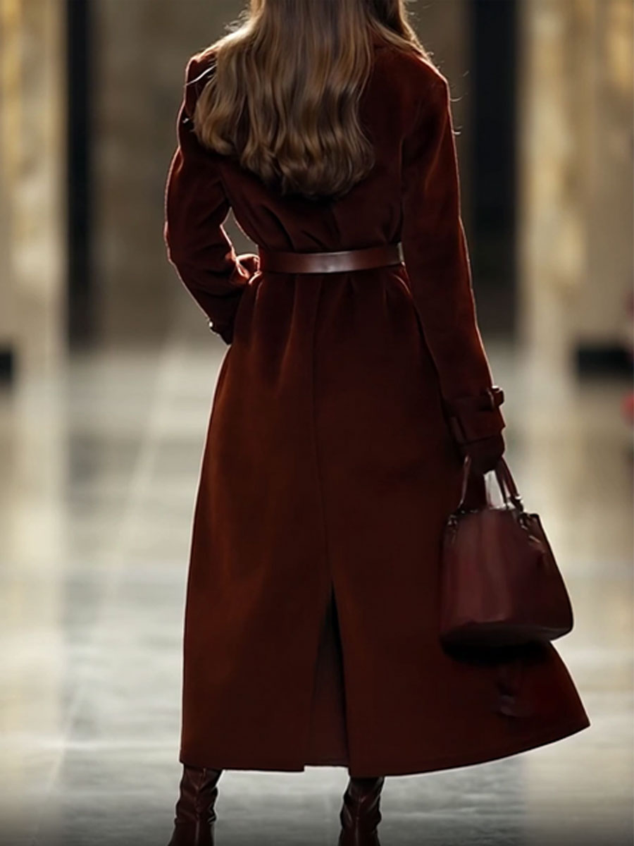 [24-hour shipping out]Casual Loose Vintage Angora Red Suede Pocket Lapel Extra Long Coat