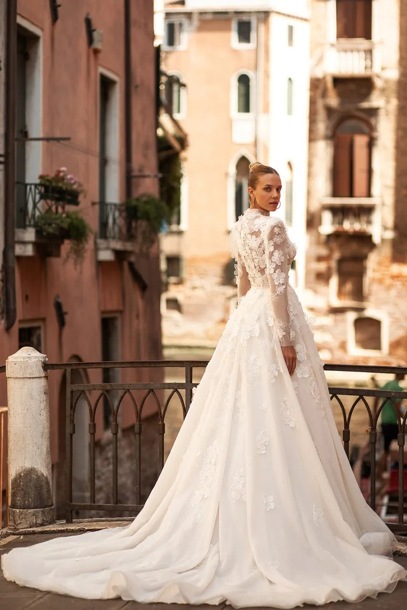 A-line wedding dress 5411,Cathedral wedding dress,3D lace wedding dress,Long sleeves wedding dress, High neck wedding dress