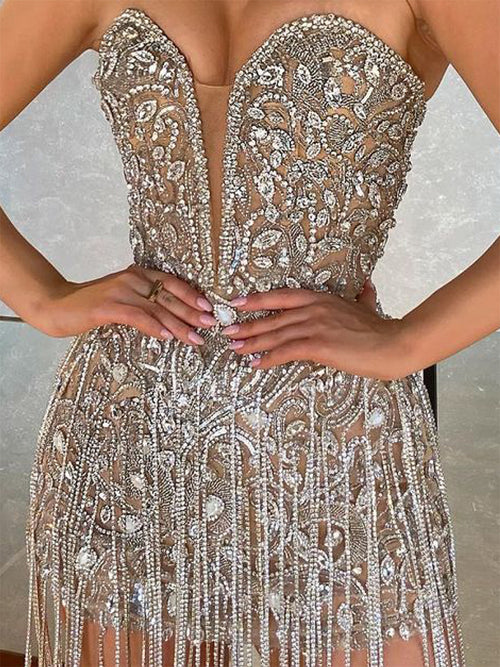 Bandeau Beaded Decorated Tasseled Backless See-Through Evening Mini Dress
