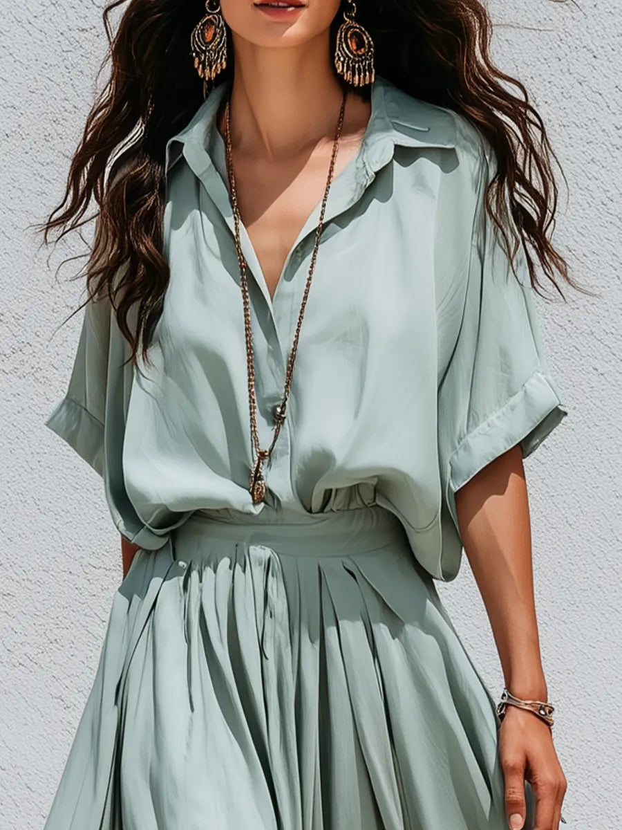 Soft Mint Green V-Neck Pleated Co-ord Set