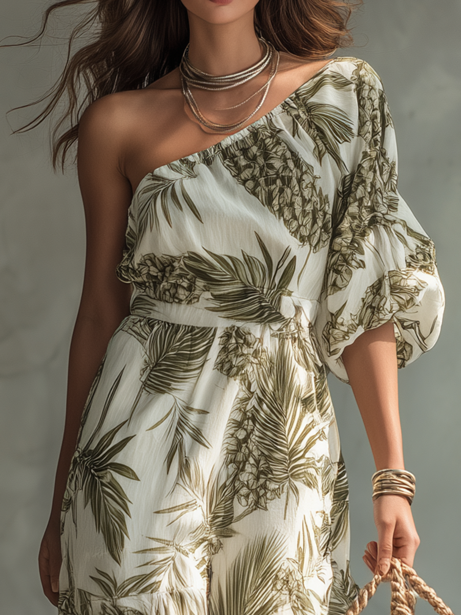 Elegant One-Shoulder Printed Maxi Dress