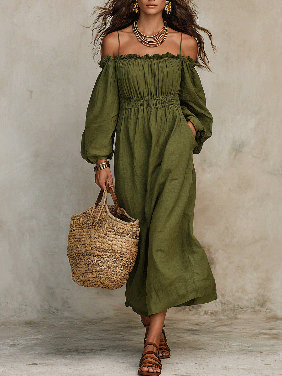 Boho Olive Green Cotton-Linen Off-Shoulder Maxi Dress