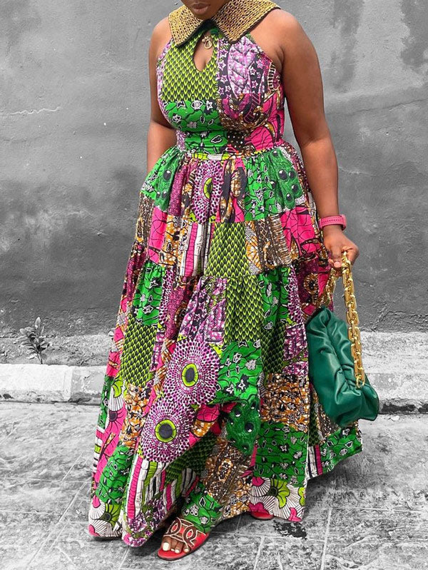 Floral Printed Loose Plus Size Round-Neck Maxi Dresses