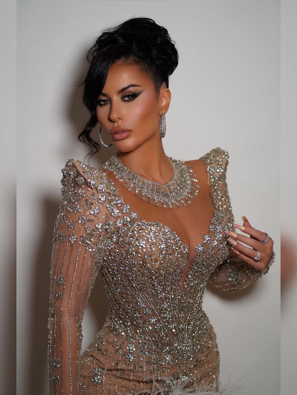Neosepa-Padded Shoulder Lace Up Low Back Shimmering Sequin Feather Hem Mini Evening Dress