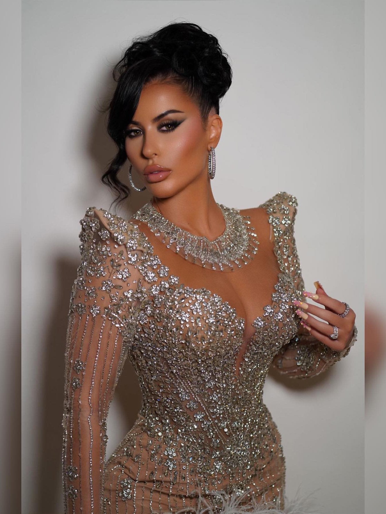 Neosepa-Padded Shoulder Lace Up Low Back Shimmering Sequin Feather Hem Mini Evening Dress