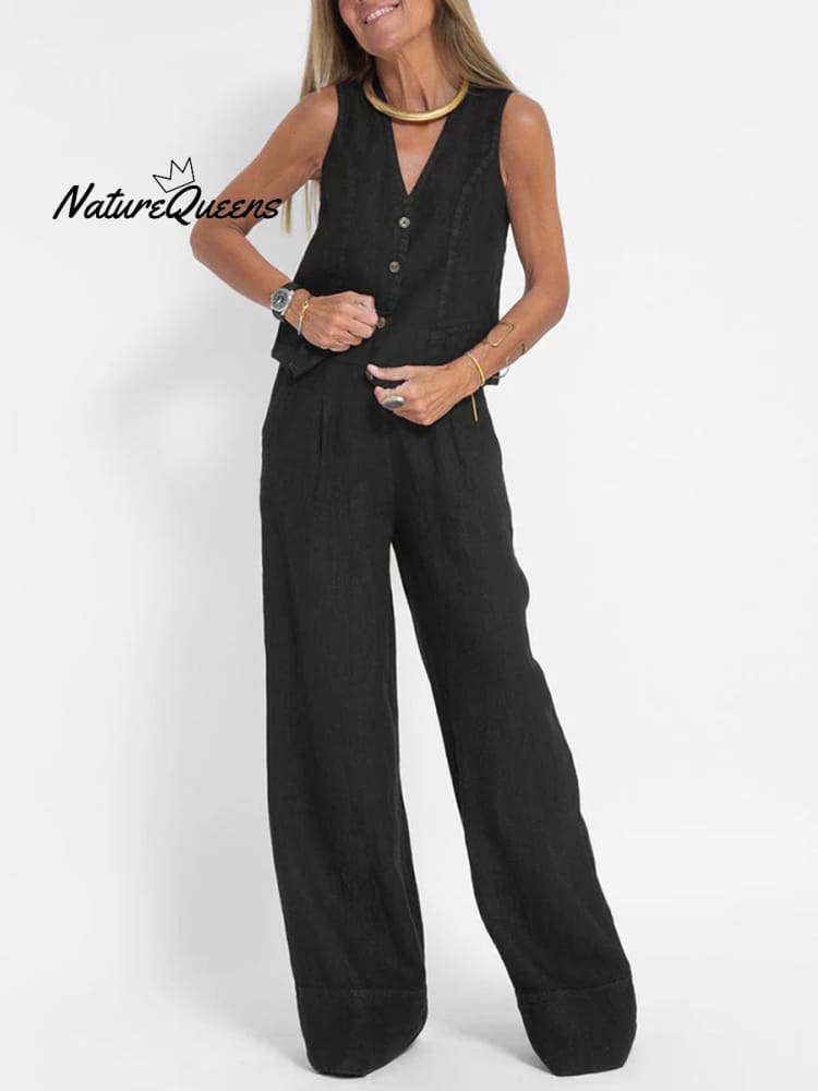 Women's Fashion Solid Color Vest Trousers Collage Stitching Cotton and Linen Casual Suit