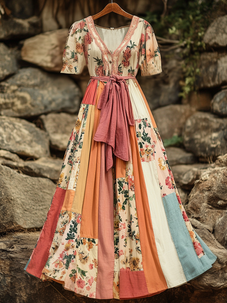 Women's Vintage Floral Patchwork Short Sleeve Dress