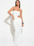 Azmira Strapless Lace Maxi Dress – White & Mustard Yellow Cut-Out Beach Holiday Dress