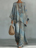 Women's Vintage Floral Art Comfortable Loose Cotton Linen Wide-leg Pants Two-piece Set