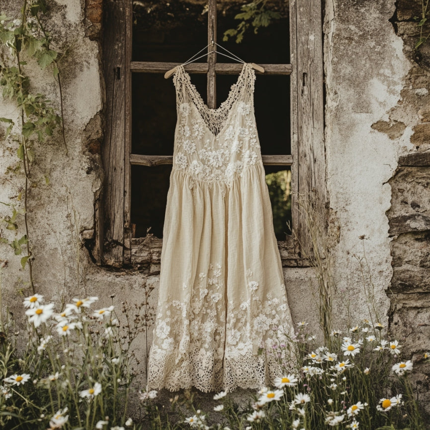 Vintage Floral Lace Art Linen Tank Dress