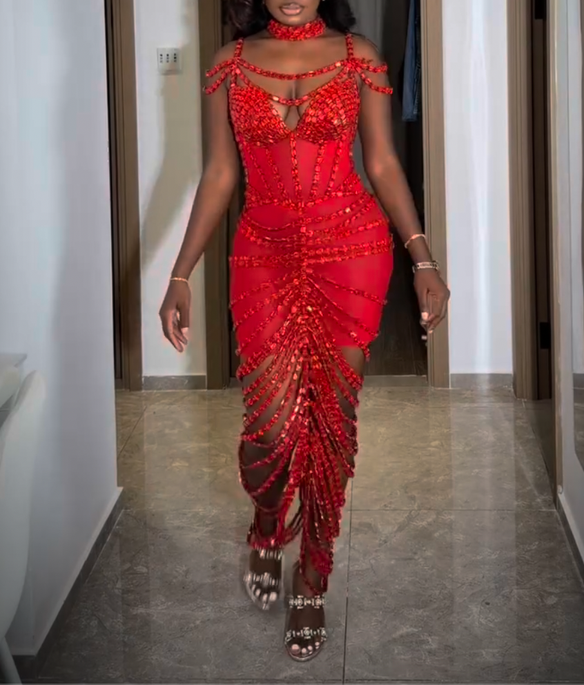 Red Rhinestone Striped Corset Midi Evening Dress, Choker Neck Multi Strap Deep V Backless Fringe Mesh Formal Gown