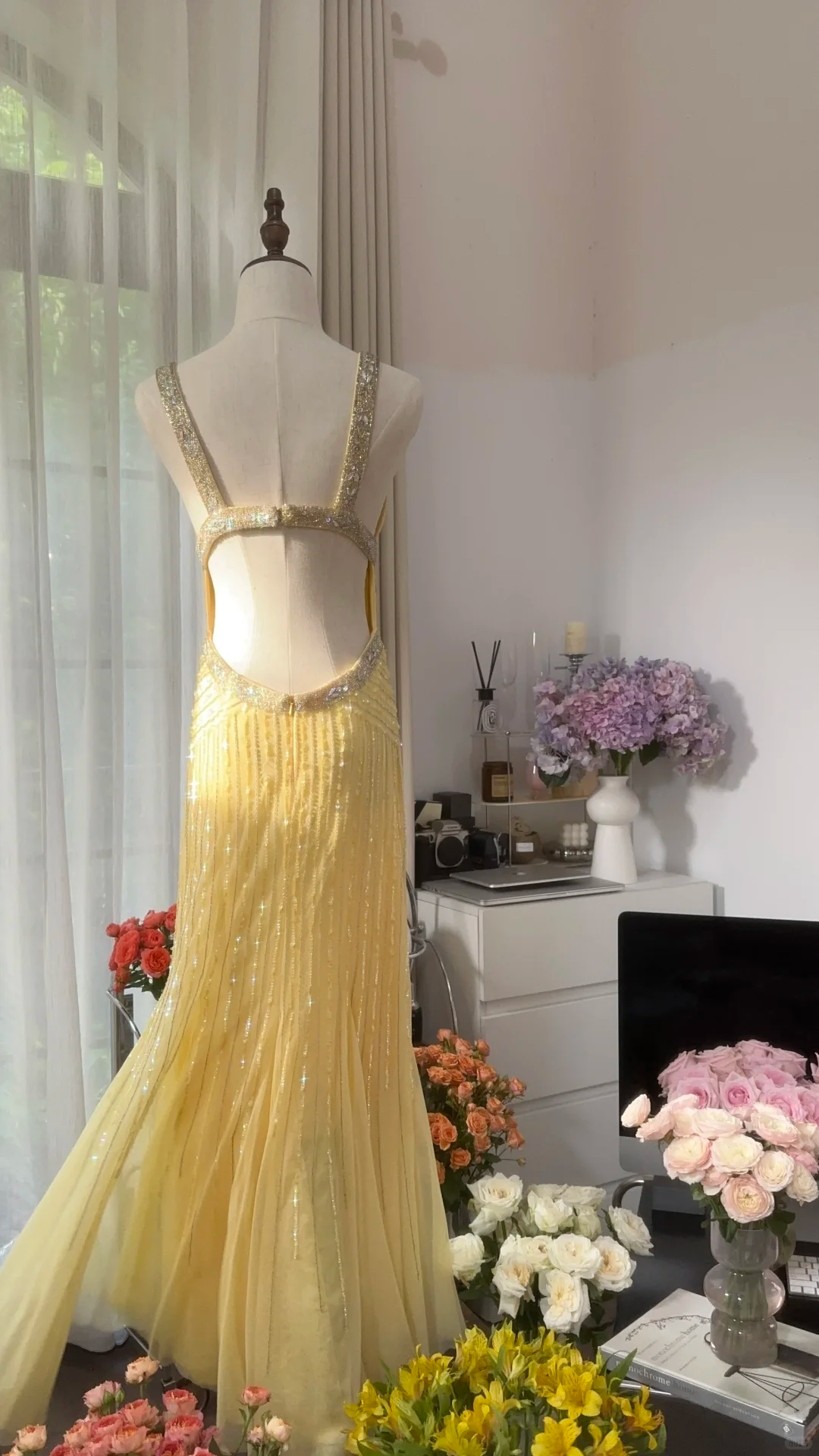 Lit Yellow Gorgeous Shiny Fashion Elegant Exquisite Beaded Long Tulle Backless Fairy Ball Gown Evening Dress Birthday/Wedding Guest/Holiday Party Dress Prom Dress Valentine's Day Date Dress