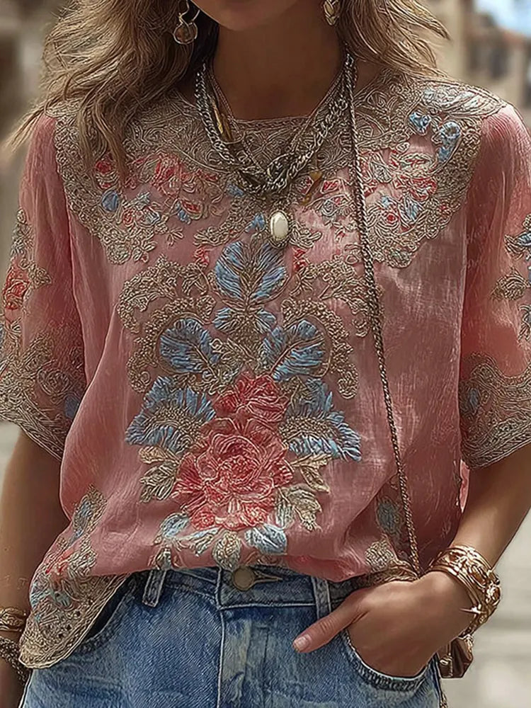 Women's Rose Floral Embroidered Casual Round-neck T-shirt