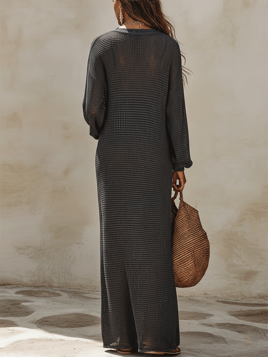 Effortless Coastal Elegance Sheer Crochet Long Sleeve Cover-Up Maxi Dress