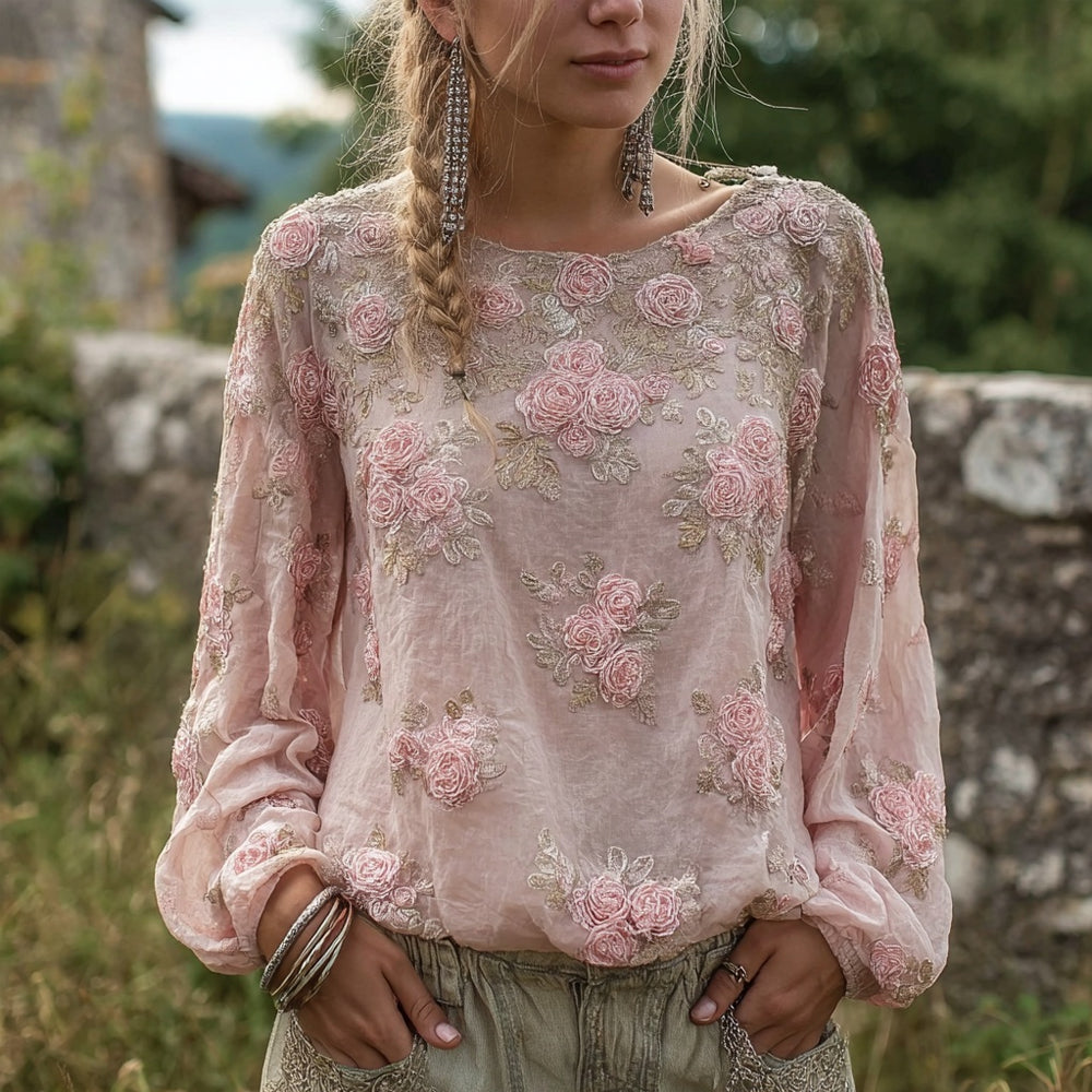 Elegant Boho Pink Roses Embroidered Cozy Linen Tunic