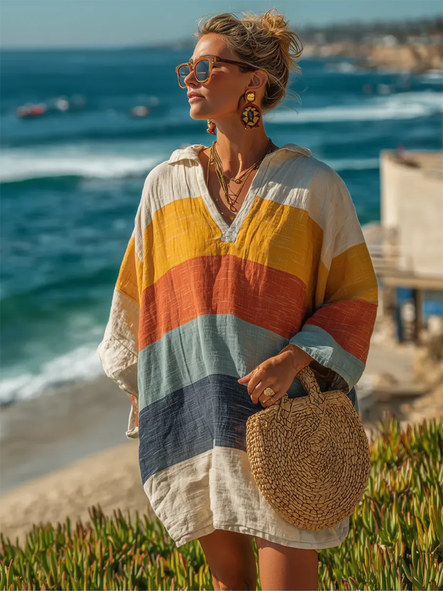 Cozy Colorful Striped Polo Collar Cotton-linen Mini Dress