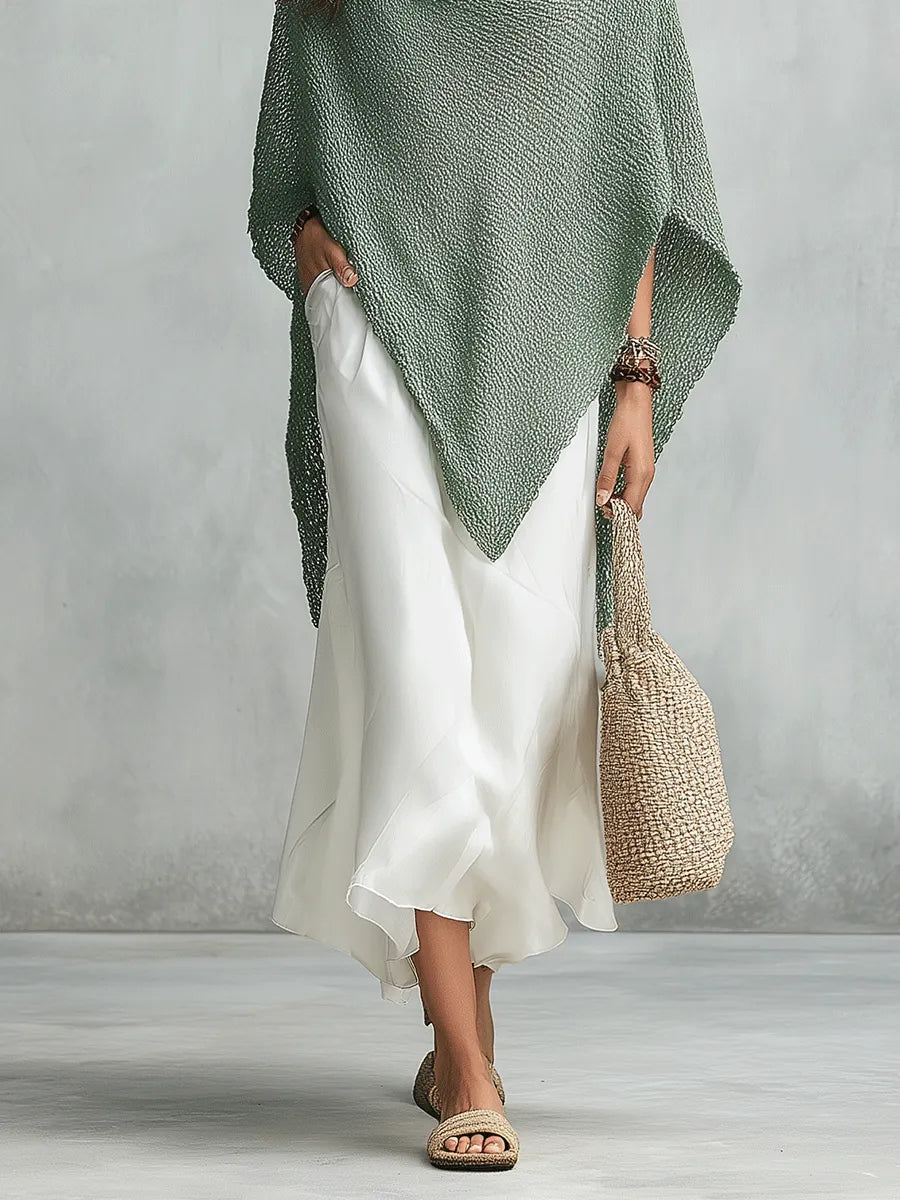 Coastal Boho Sage Knit Poncho & White Satin Midi Dress Set