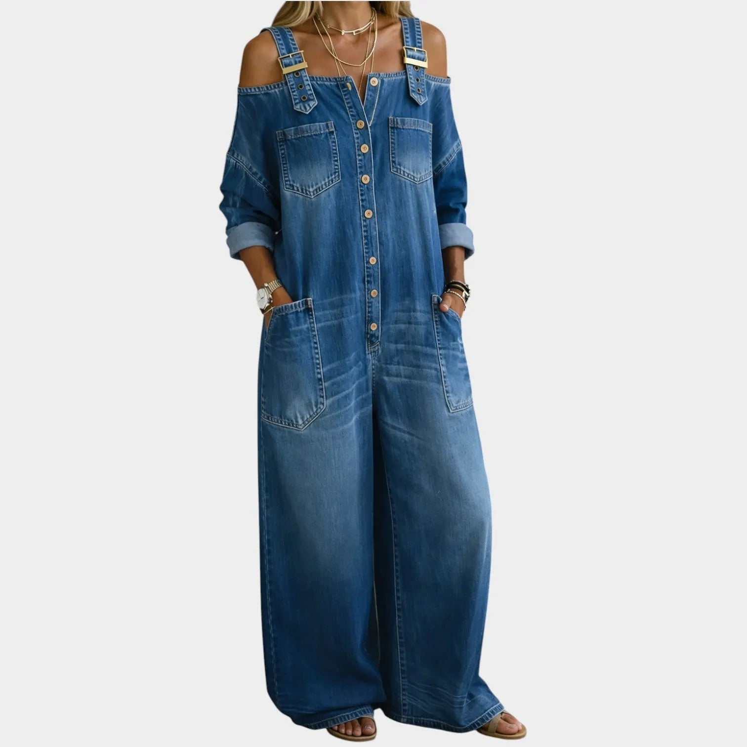 Denim Off-Shoulder Wide-Leg Jumpsuit