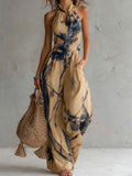 Retro-elegant Ink Wash Print Jumpsuit