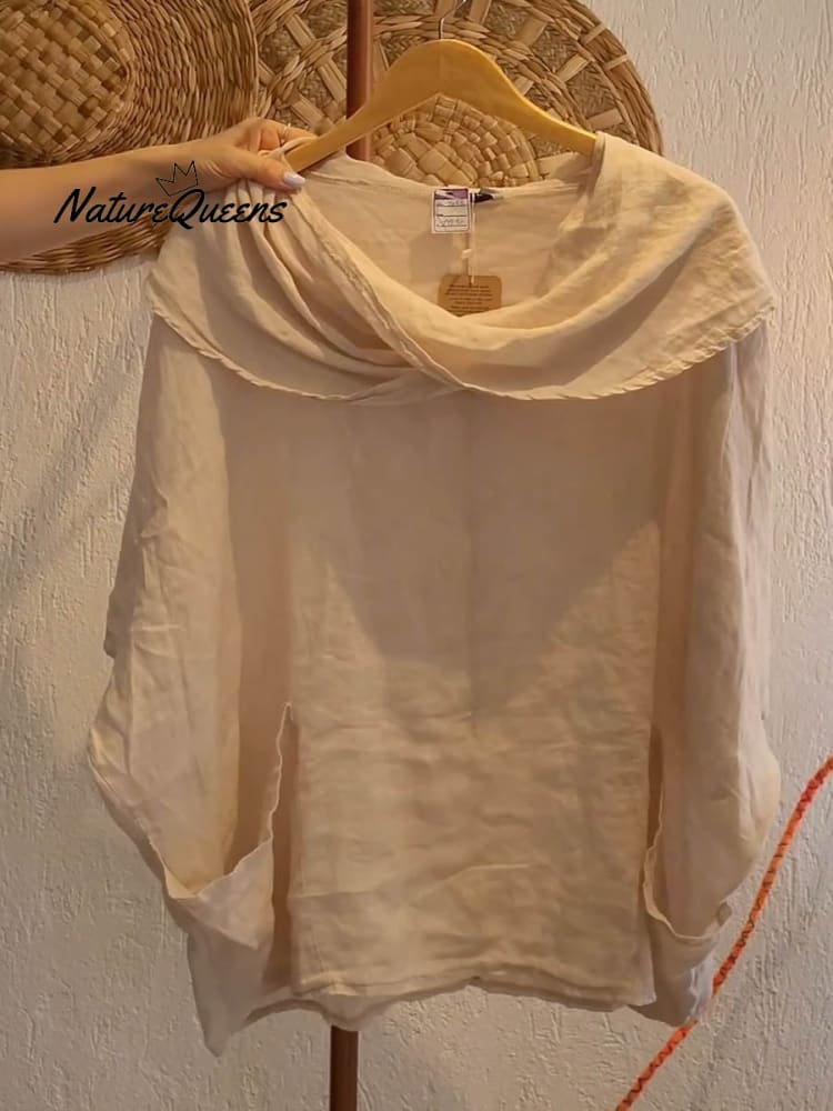 Women's Solid Color Draped Neck 3/4 Sleeve Comfortable Casual Linen Pocket Top