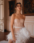 Sexy strapless corset wedding dress.Mermaid wedding dress with split slits with unique feathers.Beautiful pearl flower beaded wedding dress.