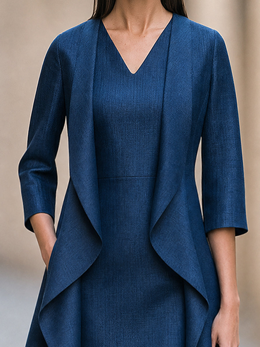 Two-Piece Set: Waterfall-Style Layered Cardigan-Effect Dress With Slim-Fit V-Neck Midi Dress