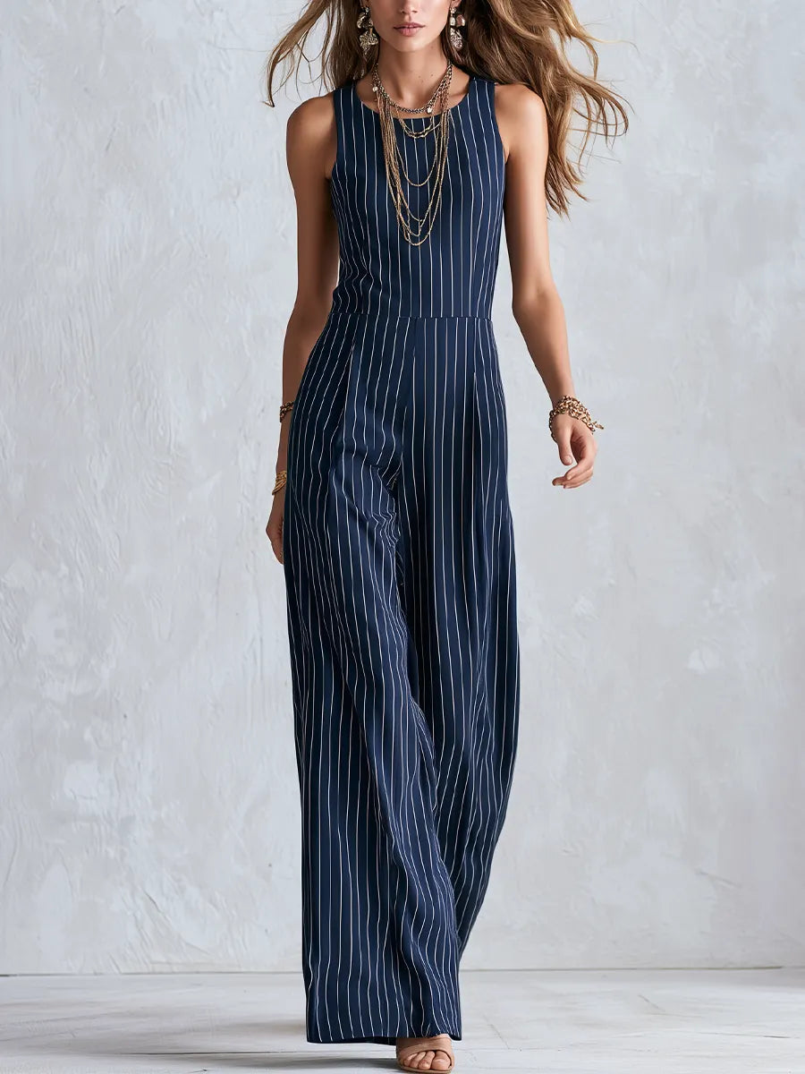 Modern Bohemian Navy Blue Pinstripe Jumpsuit
