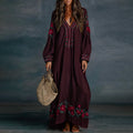 Women's Vintage Floral Art Print Flowy Linen Blend Casual Long Sleeve Maxi Dress