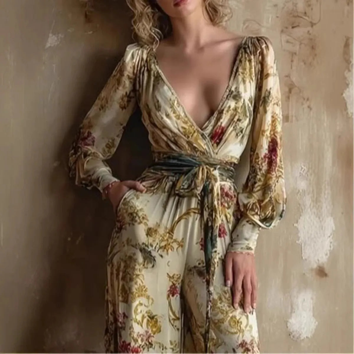 Vintage Floral Print Deep V-Neck Jumpsuit - Elegant High-Waist Wide Leg Long Sleeve Romper