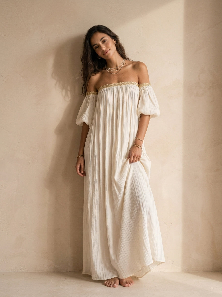 Bohemian Style Off-the-shoulder Pleated Ivory Long Dress