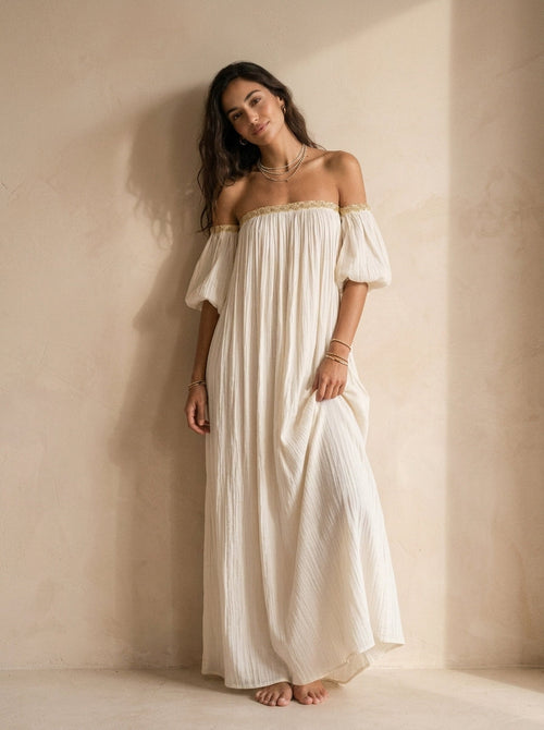 Bohemian Style Off-the-shoulder Pleated Ivory Long Dress