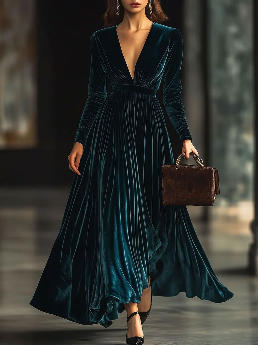 [24-hour shipping out]V-Neck Fashion Party Solid Color Velvet Long-Sleeved Maxi Dress