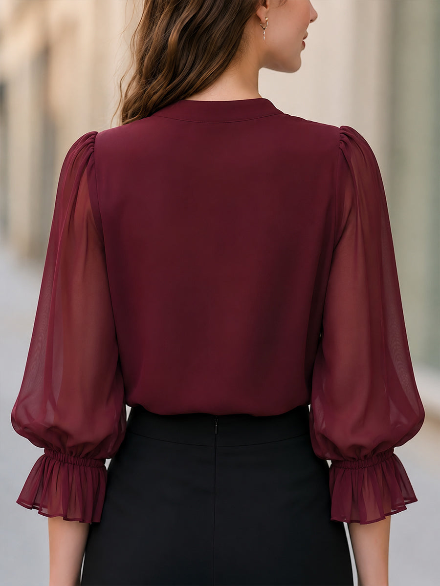 Ruffled V-Neck Chiffon Blouse
