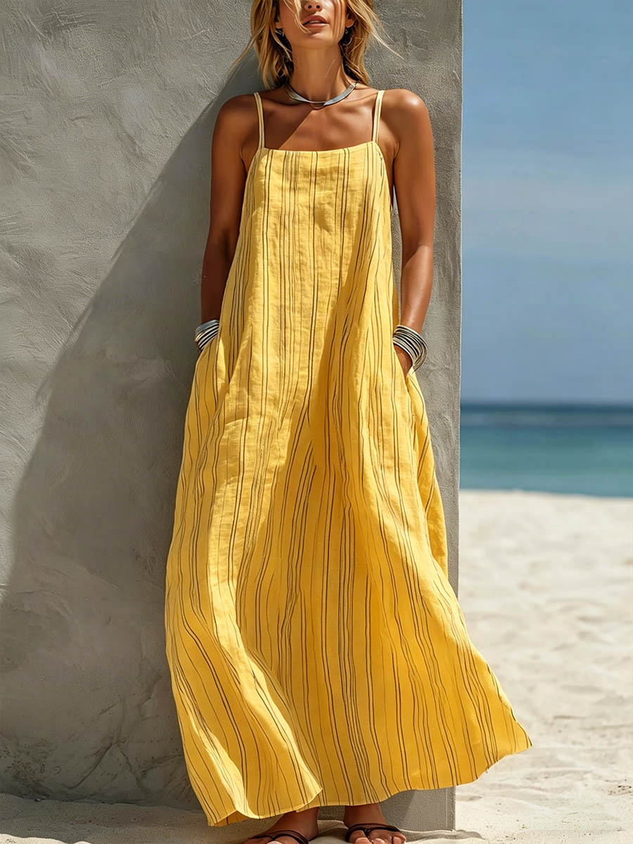 Women's Striped Print Casual Loose-fit Cotton-linen Sundress