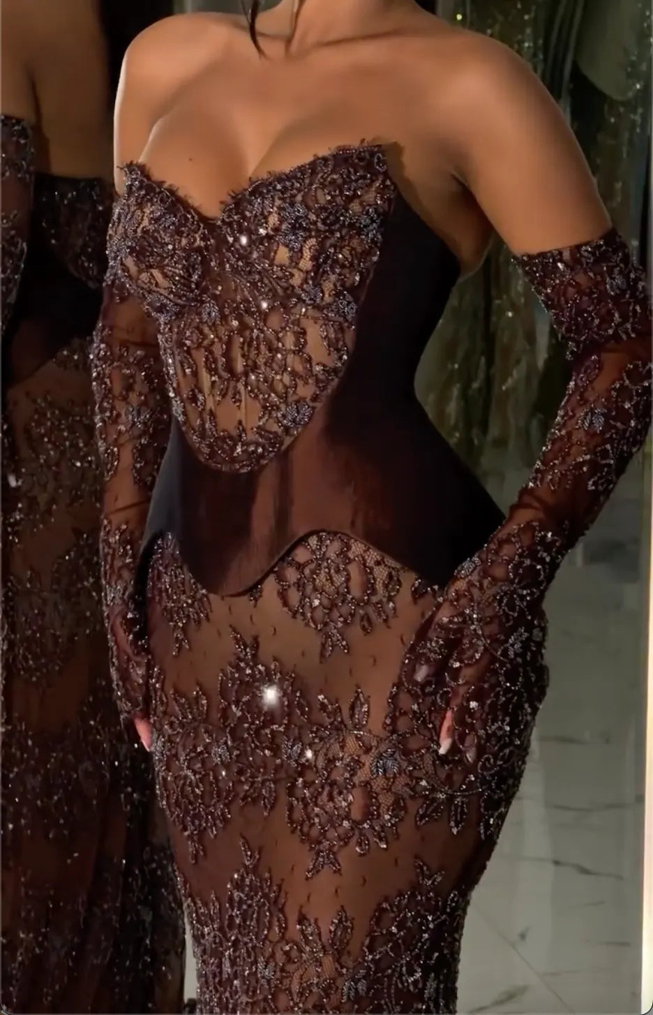 Strapless Sweetheart Off Shoulder Long Sleeve Lace Rhinestone Sheer Mermaid Evening Gown, Dark Brown Corset Waist Train Formal Dress