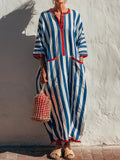 Casual Red-trimmed Striped Linen And Cotton Dress