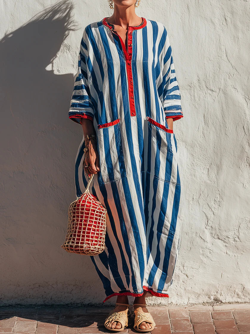 Casual Red-trimmed Striped Linen And Cotton Dress