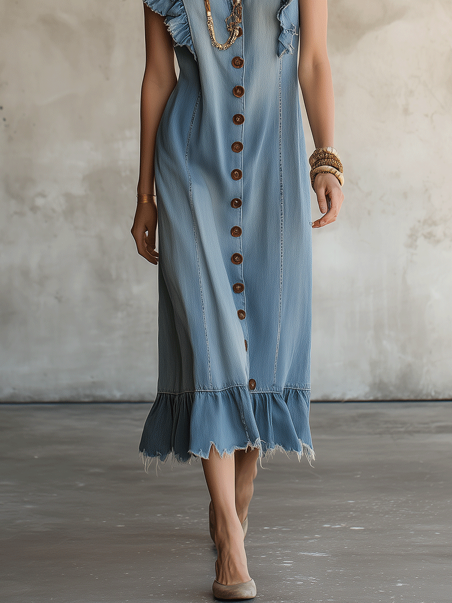 Vintage Western Cotton-Denim Flutter-Sleeve Ruffle-Trim Blue Midi Dress
