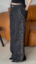 Black Colorful Rhinestone Star Wide Leg Denim Pants