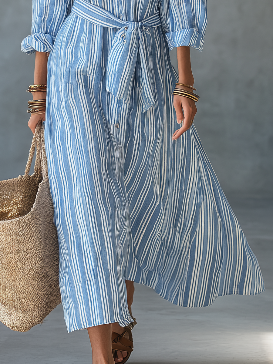 Relaxed Sky Blue Striped Shirt Maxi Dress