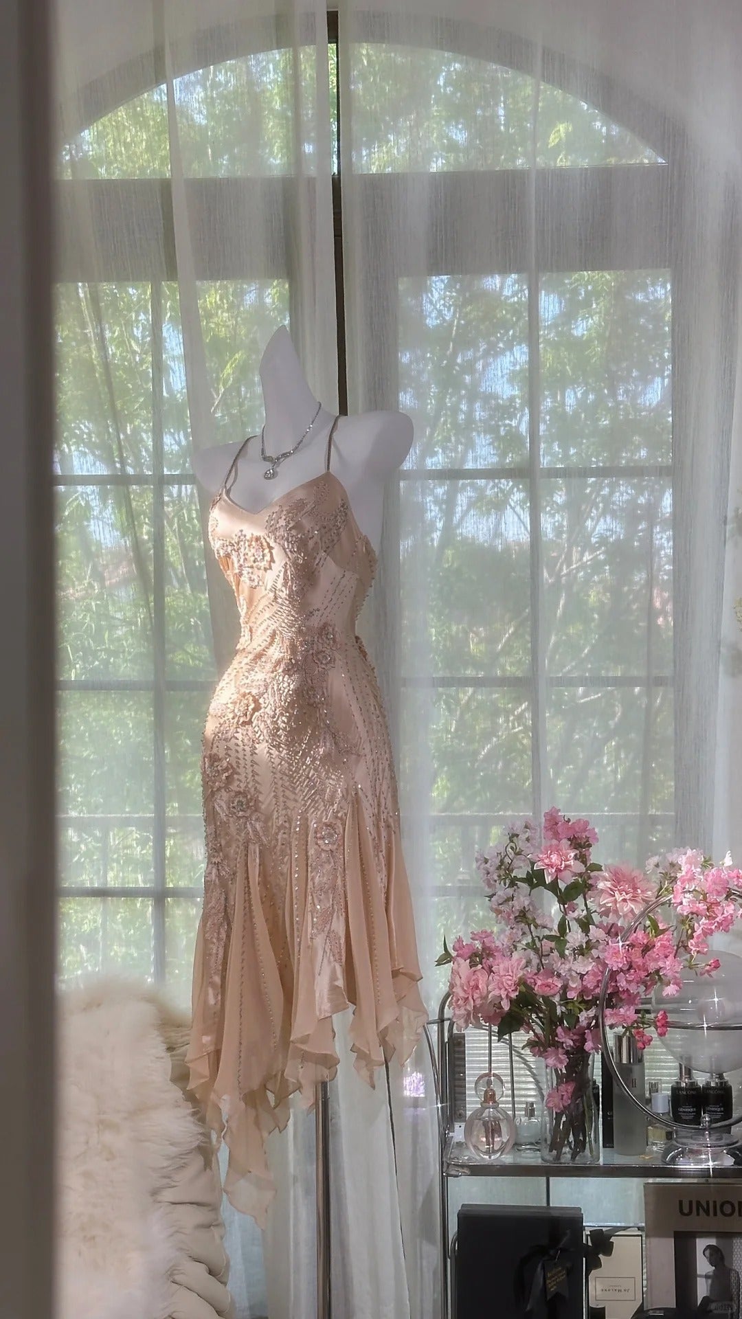 Pink Gorgeous Exquisite Floral Delicate Beading Long Chiffon Homecoming Dress Ball Gown Evening Gown Party Dress 4160