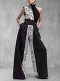 Split-Joint Pockets Pleated Flower Print Contrast Color Buttoned Wide Leg Sleeveless One-shoulder Jumpsuits