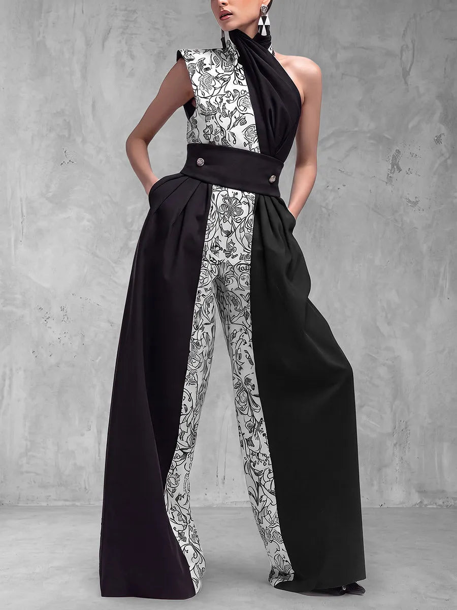 Split-Joint Pockets Pleated Flower Print Contrast Color Buttoned Wide Leg Sleeveless One-shoulder Jumpsuits