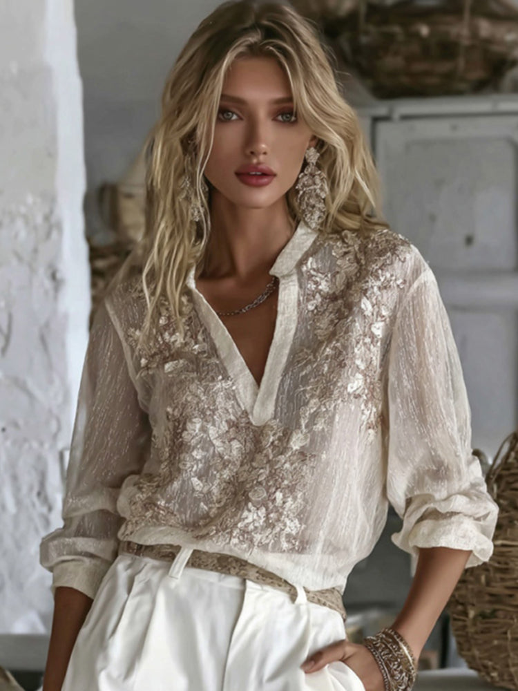 Women's Floral Embroidery Linen V-neck T-shirt