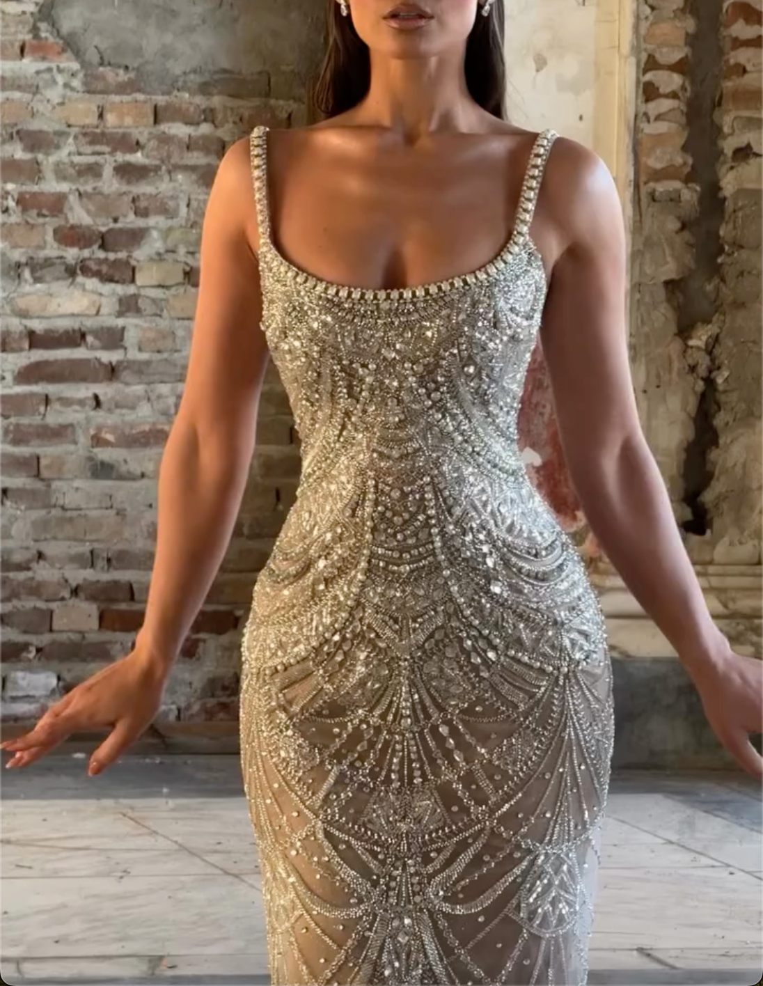 Silver Rhinestone Square Neck Maxi Dress with Sheer Mesh & Mermaid Silhouette