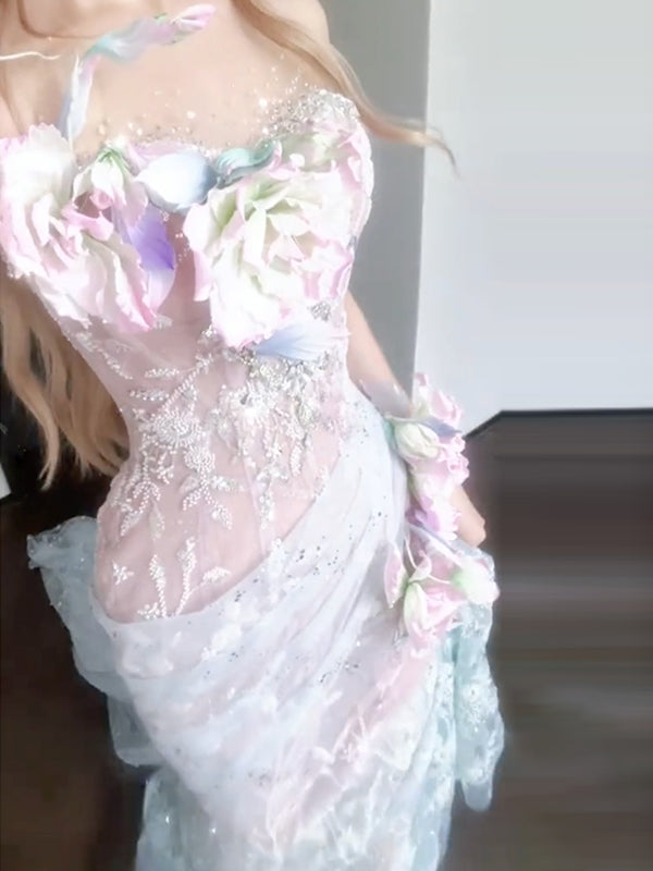 Sequinned Flower Embroidery Sleeveless Tube evening mermaid maxi Dresses