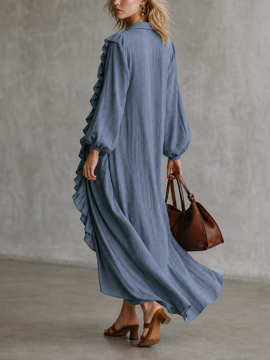 Ruffle Trim V-Neck Long Sleeve Maxi Dress