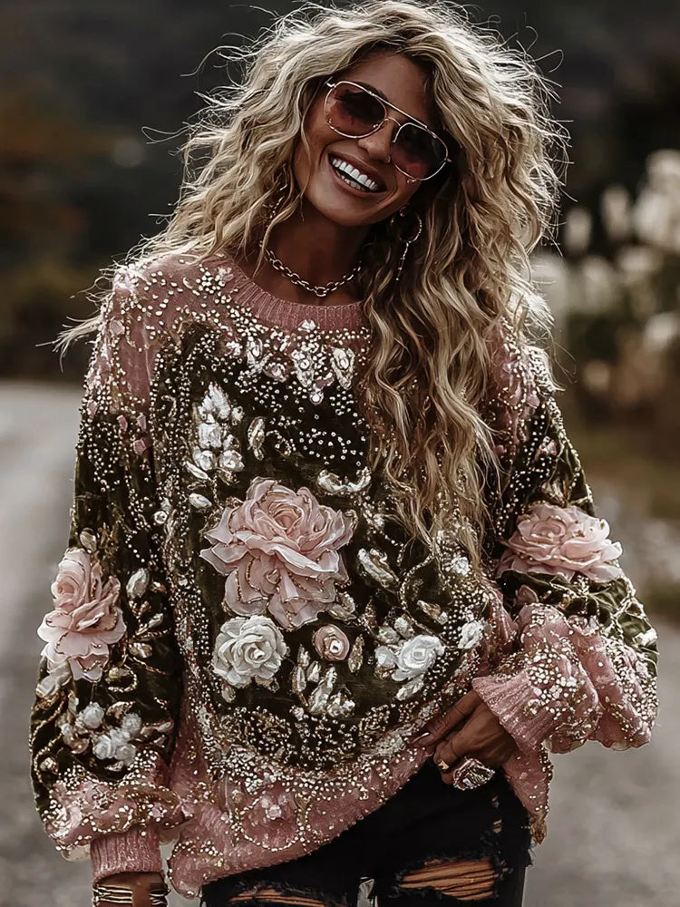 Women's Vintage Romantic White Rose Embroidery Art Long Sleeve Round-neck Sweater