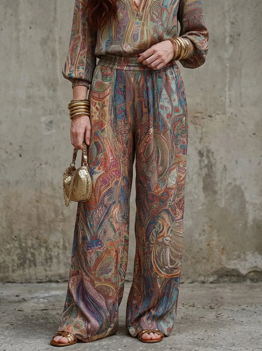 Exquisite paisley print wide leg pantsuit