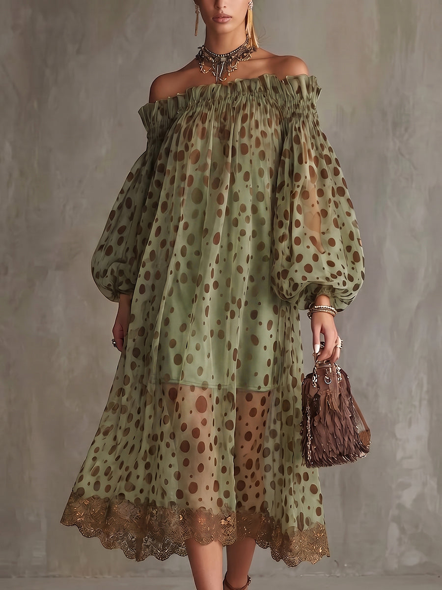 Retro Boho Off-shoulder Polka Dot Print Dress